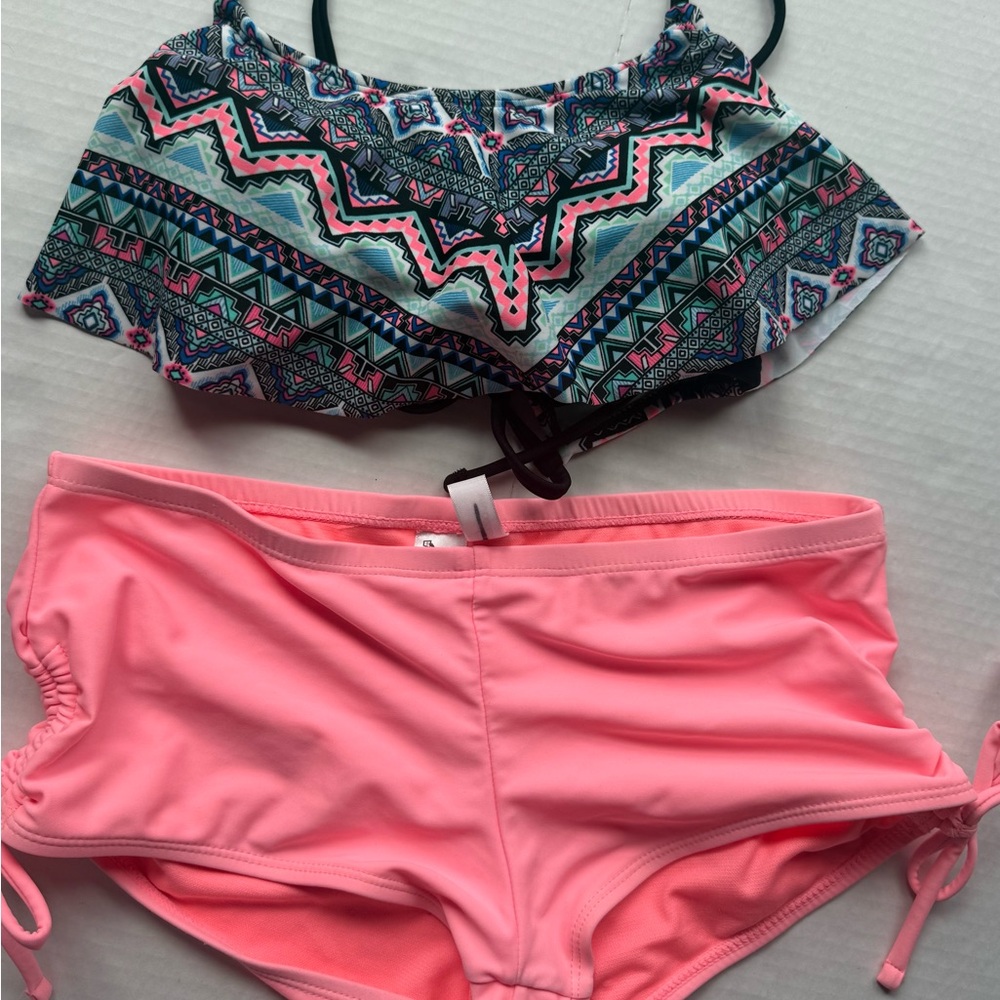 Arizona Jean Company Neon Coral Swim Shorts with Patterned Bikini Accent